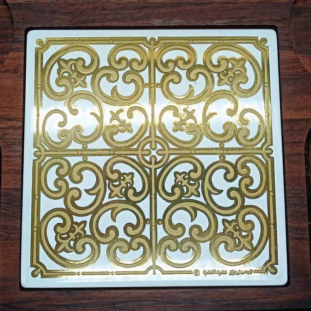 Vintage Georges Briard Square Wood Gold Scroll Tile Footed Board